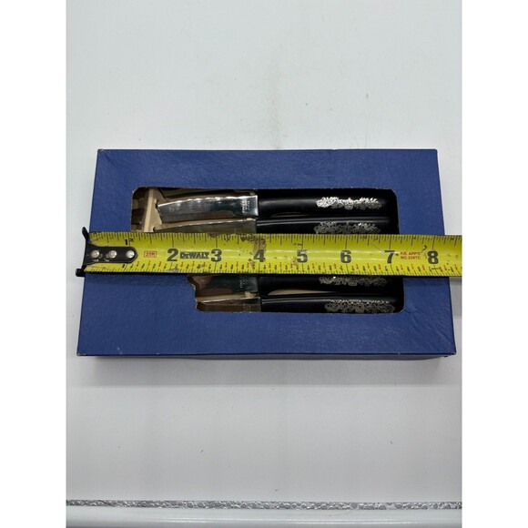 Vintage Steak Knives Set of 6 Black Scroll Crown Handles Stainless Japan - Picture 4 of 7